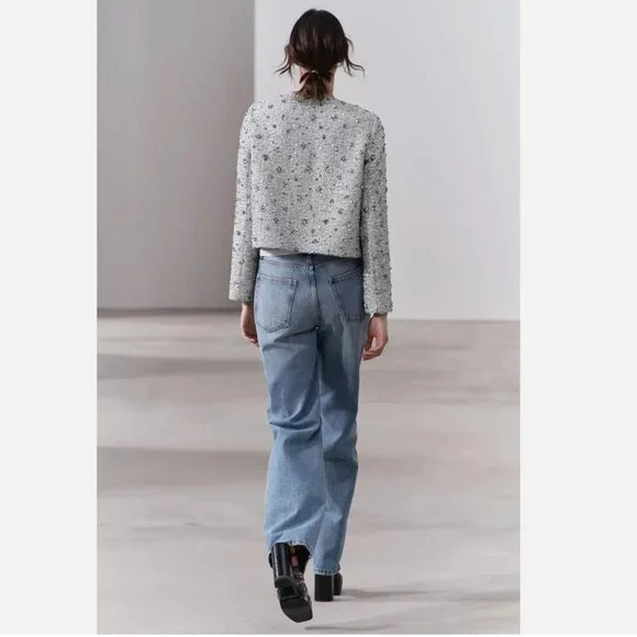 ZARA BLAZER SILVER SEQUINS JACKET WOMAN EMBROIDERED COAT Size S, M NWT